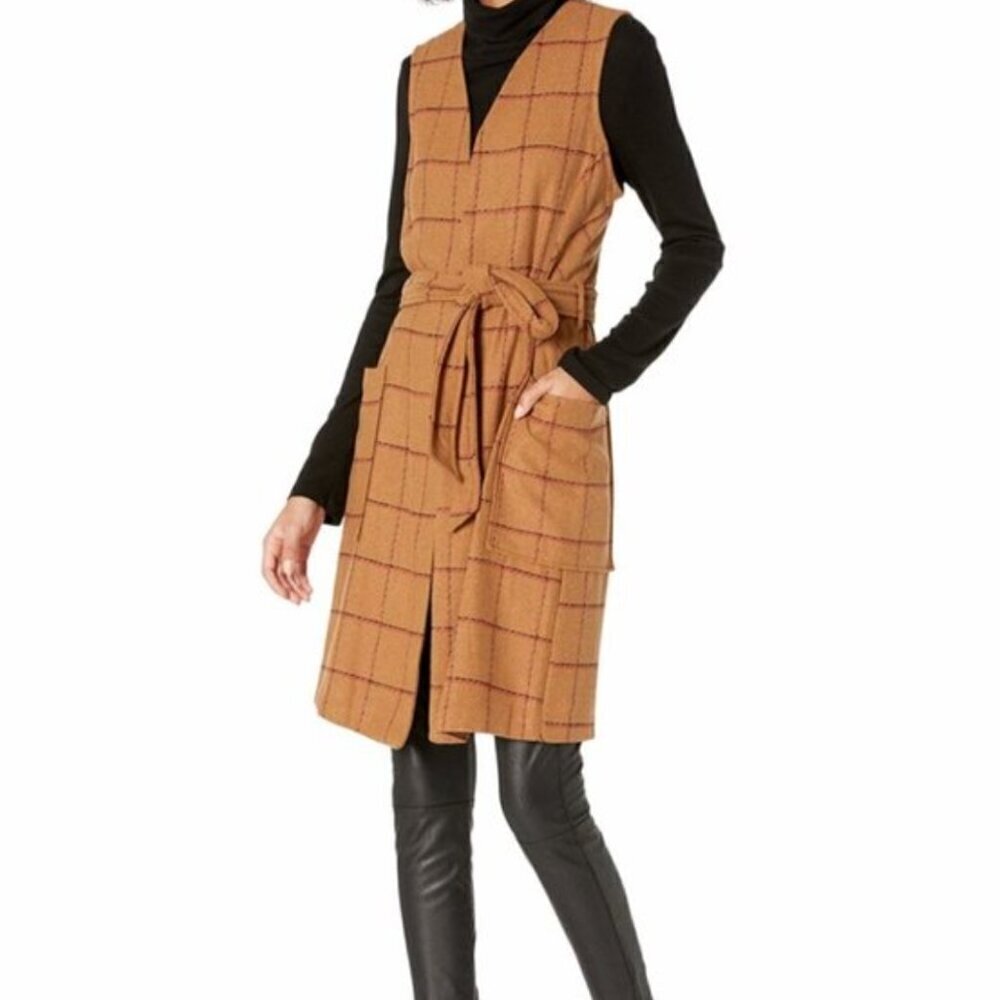BCBGeneration Carmel Plaid Long Faux-Wool Tie Vest Shacket Women’s Size Small - Picture 10 of 10
